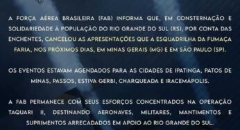 A Força Aérea Brasileira cancela apresentações da Esquadrilha da Fumaça em virtude das enchentes no Rio Grande do Sul