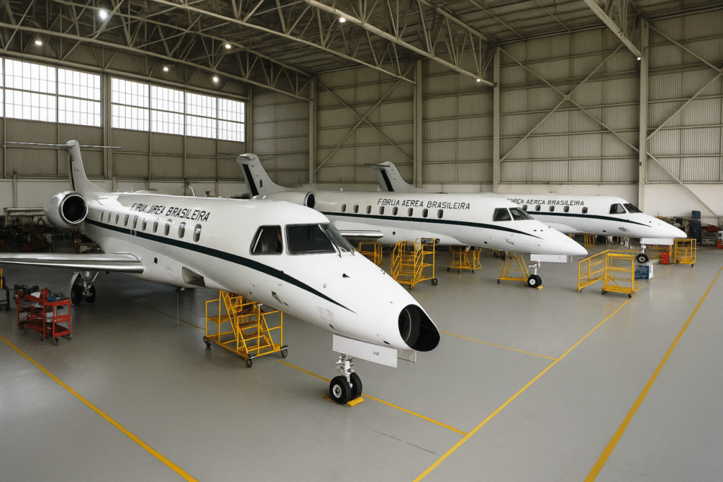 Três aviões da Força Aérea Brasileira parados em hangar para manutenção, representando a crise na frota disponível
