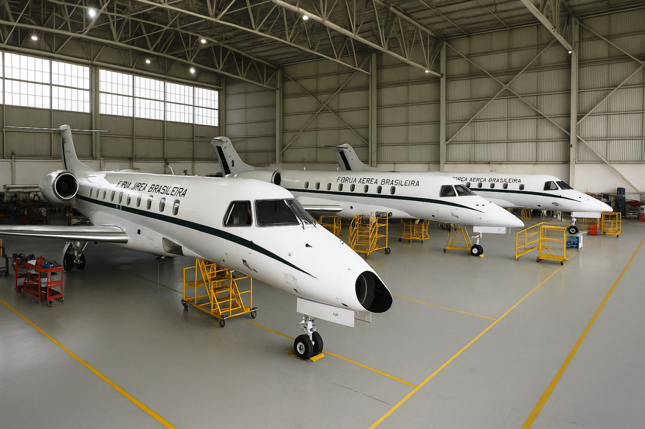 Três aviões da Força Aérea Brasileira parados em hangar para manutenção, representando a crise na frota disponível