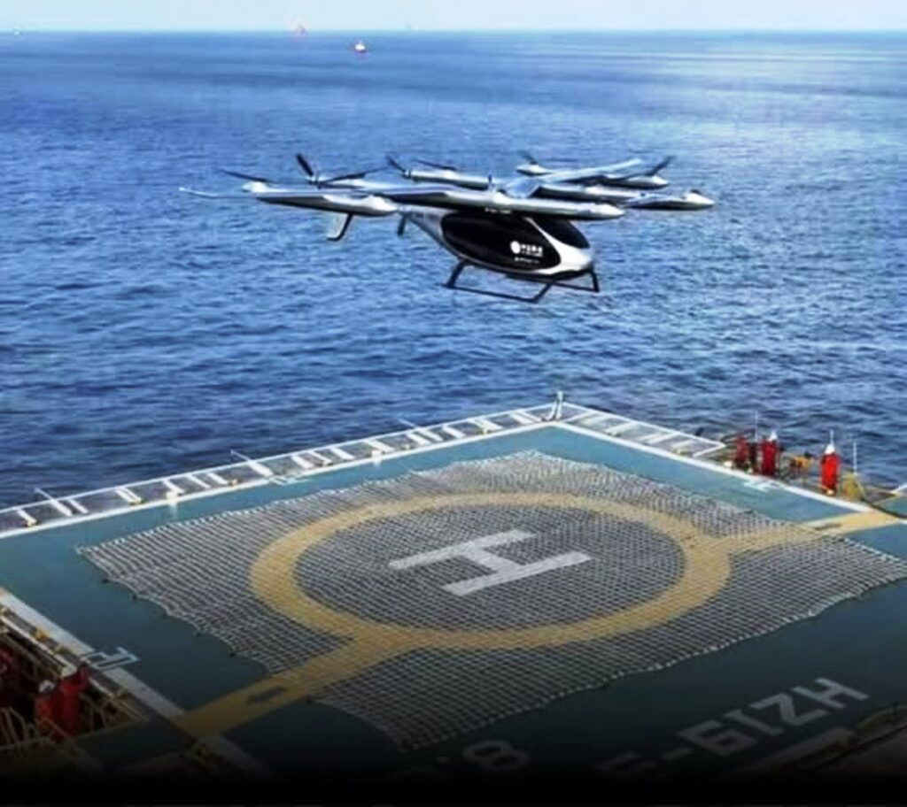 e-VTOL V2000CG CarryAll realizando transporte de carga para plataforma Offshore