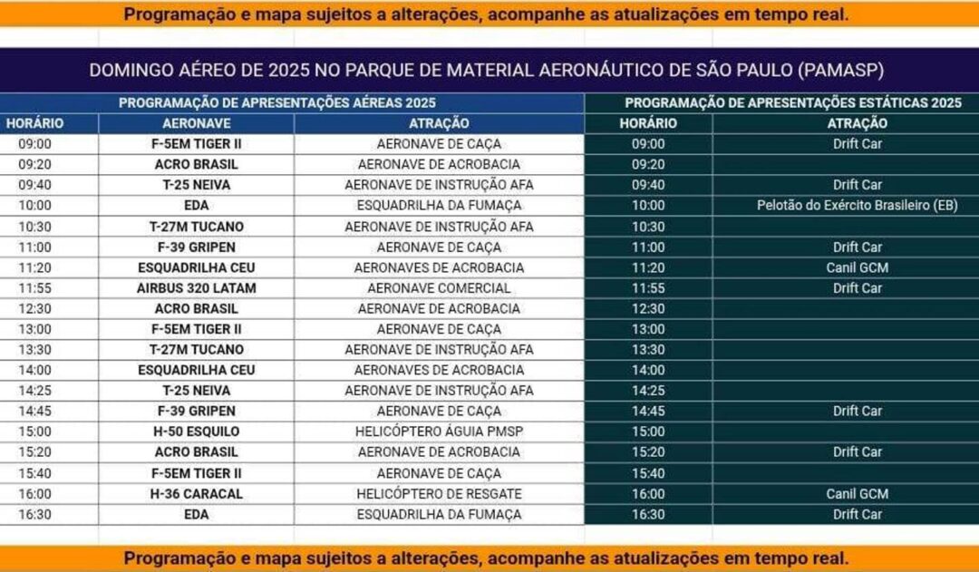 Programação do Domingo Aéreo no PAMA SP 2025