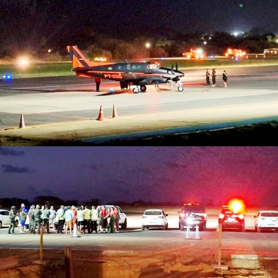 Faróis de carros iluminam pista do Aeroporto de Fernando de Noronha durante resgate aéreo noturno