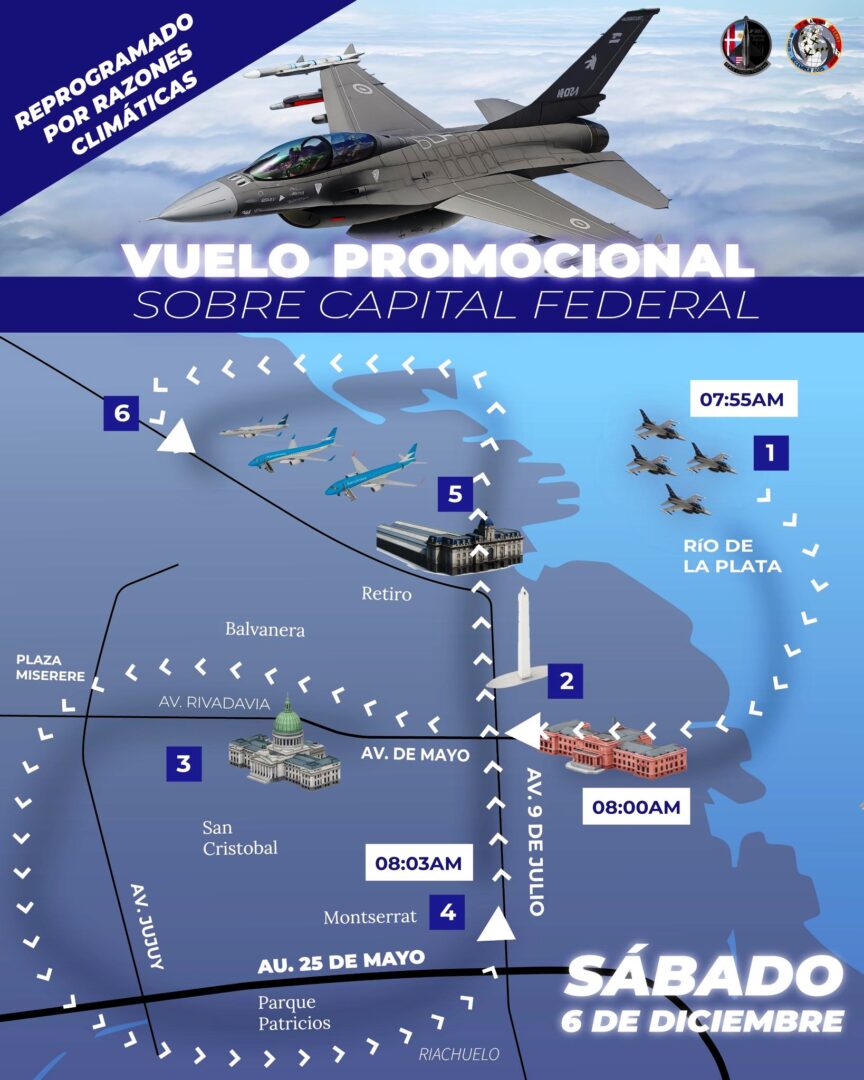 Trajeto no SABADO dos F-16 da Força Aérea Argentina_Imagem MD da Argentina