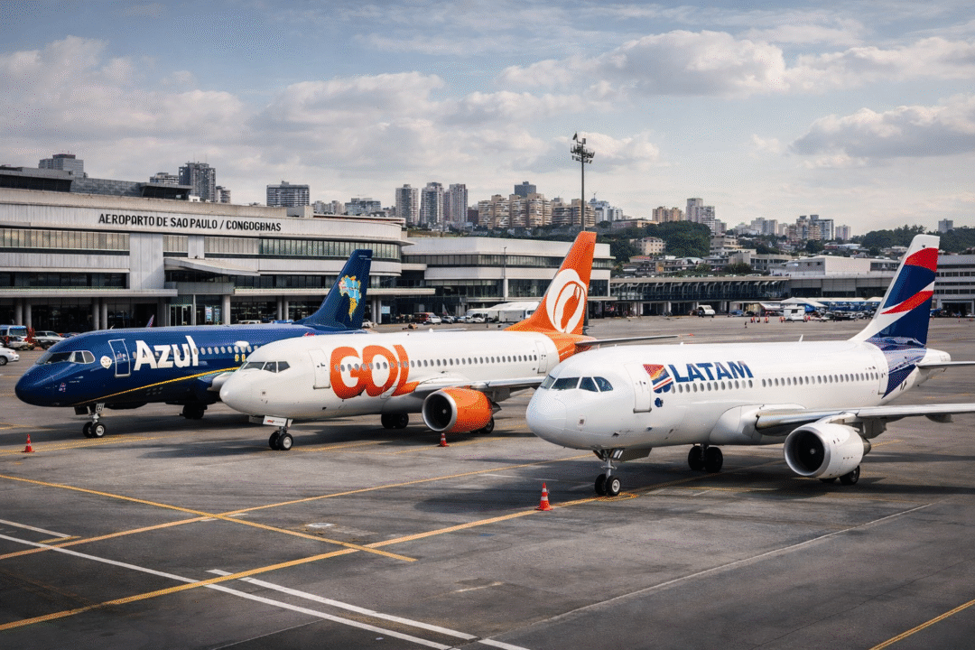 Aviões das companhias Azul, Gol e LATAM no pátio do Aeroporto de Congonhas em São Paulo_Imagem Ilustrativa