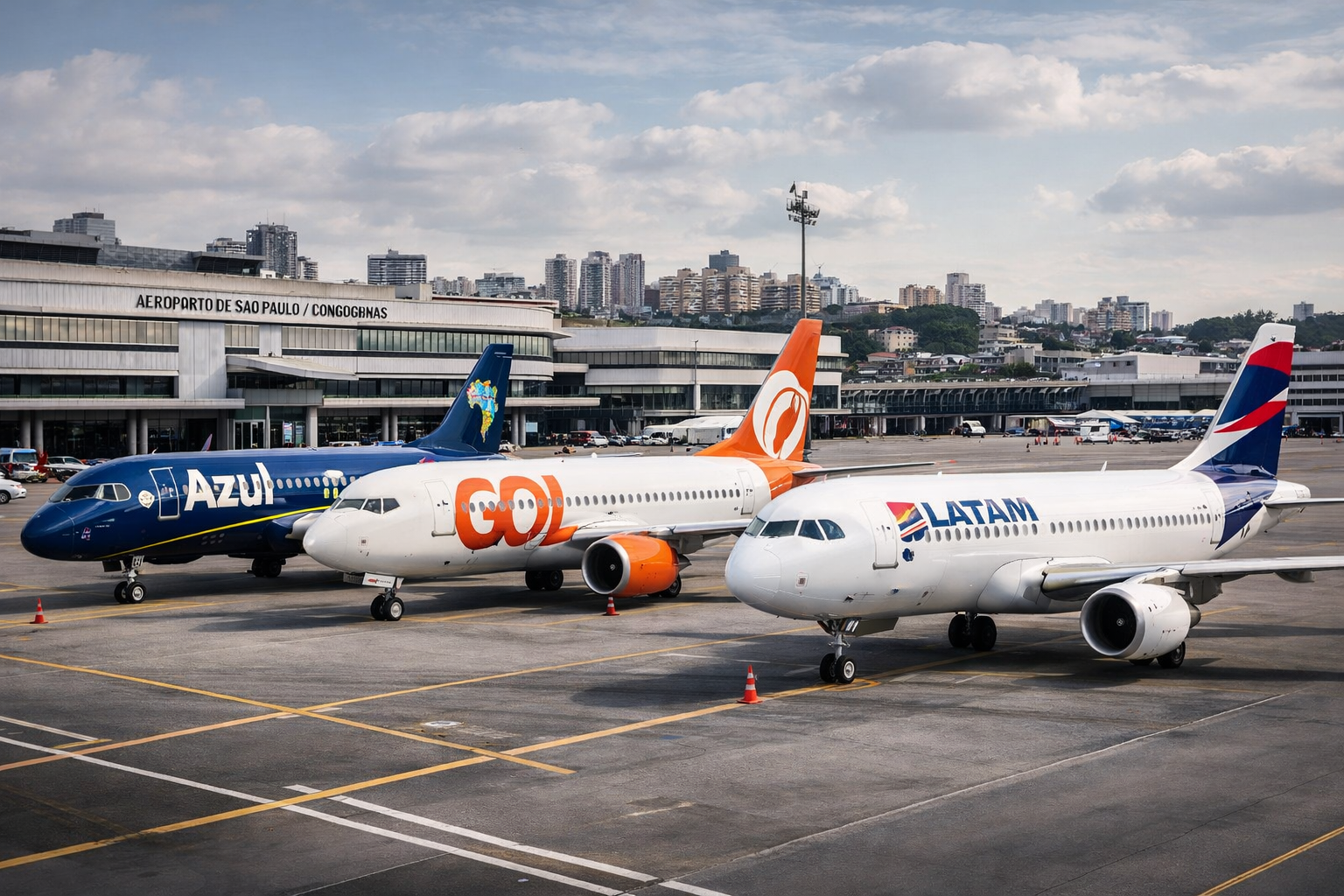 Aviões das companhias Azul, Gol e LATAM no pátio do Aeroporto de Congonhas em São Paulo_Imagem Ilustrativa