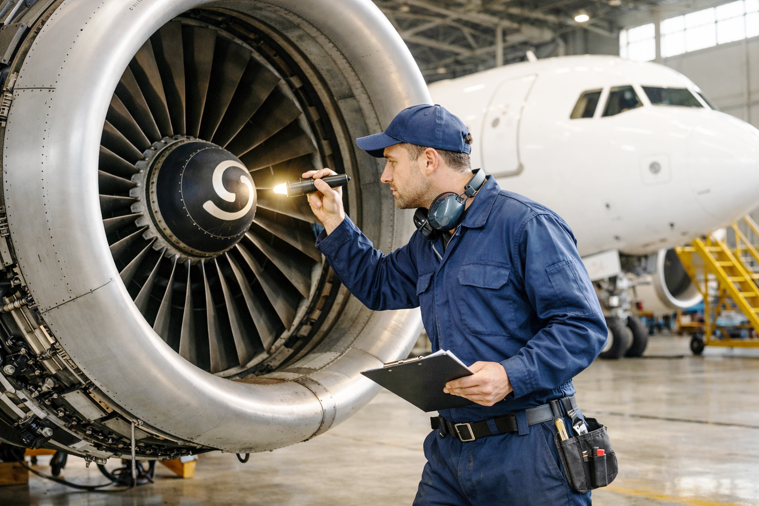 Mecânico de manutenção aeronáutica em hangar durante inspeção técnica de aeronave_Imagem ilustrativa