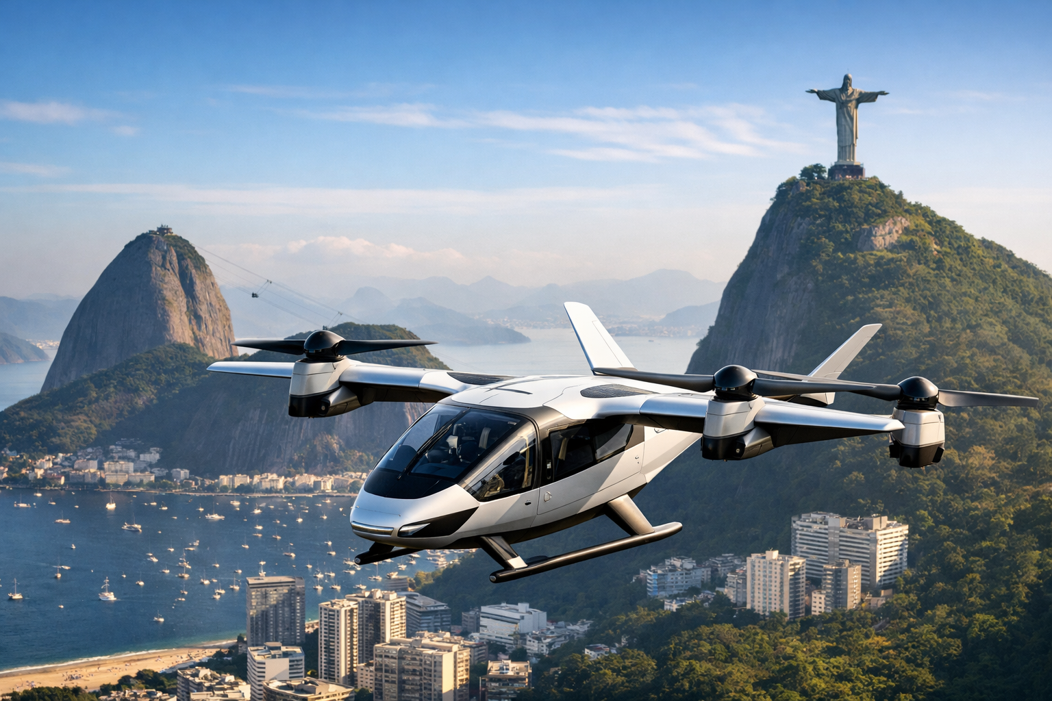 eVTOL em ambiente urbano representando a mobilidade aérea avançada no Brasil_Imgem Ilustrativa.