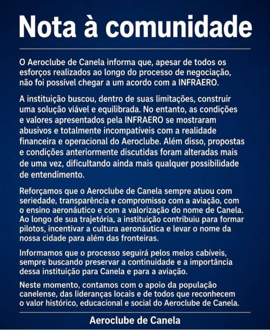 Nota do Aeroclube de Canela contra a INFRAERO