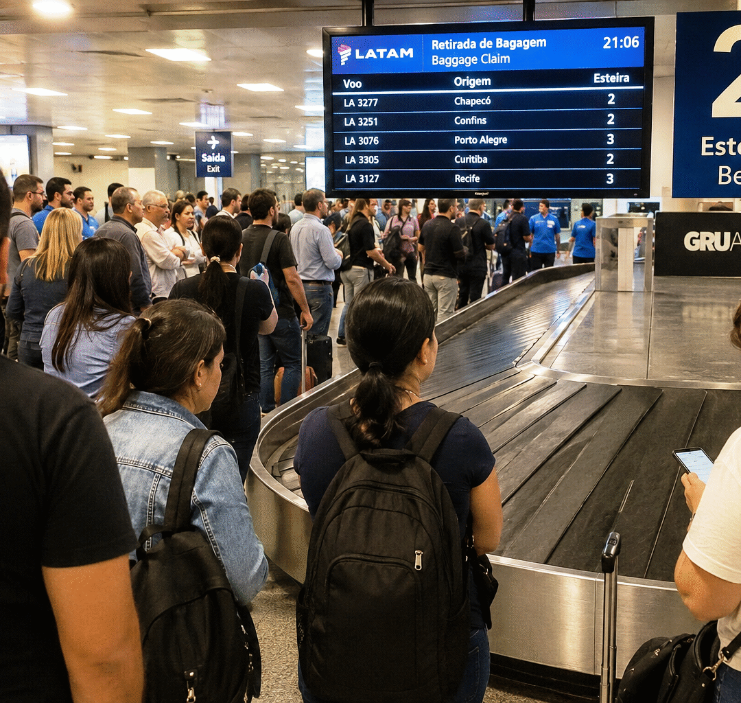 Passageiros perdem a paciência em Guarulhos após horas de espera por bagagens; caso reacende alerta sobre atrasos recorrentes