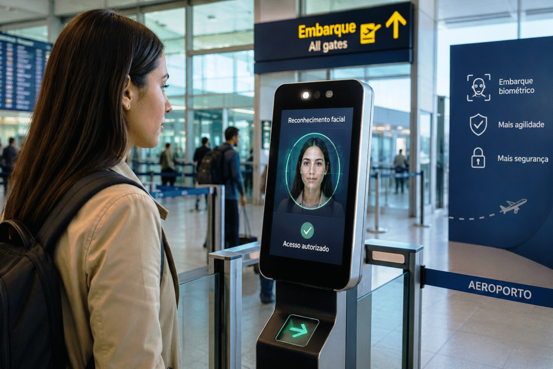 Passageiro usando embarque biométrico no Brasil em aeroporto com reconhecimento facial_Imagem ilustrativa