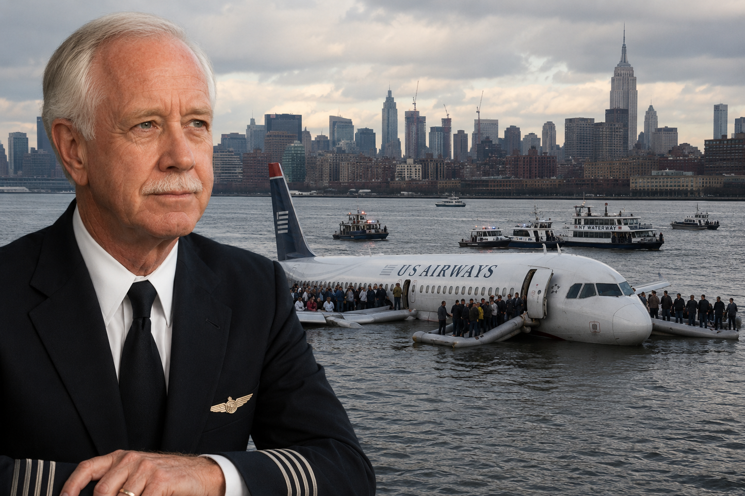 Piloto Sully Sullenberger ao lado do Airbus A320 do voo US Airways 1549 no Rio Hudson_Imagem Ilustrativa