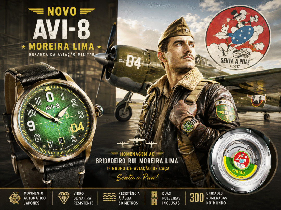 Relógio AVI-8 Flyboy Engineer Moreira Lima em homenagem ao Senta a Pua e à história da FAB 1