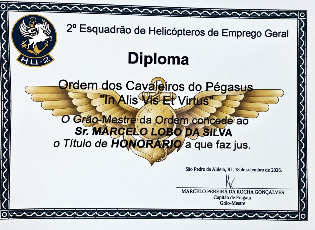 Diploma da Ordem dos Cavaleiros do Pégasus concedido a Marcelo Lobo nos 40 anos do Esquadrão HU-2
