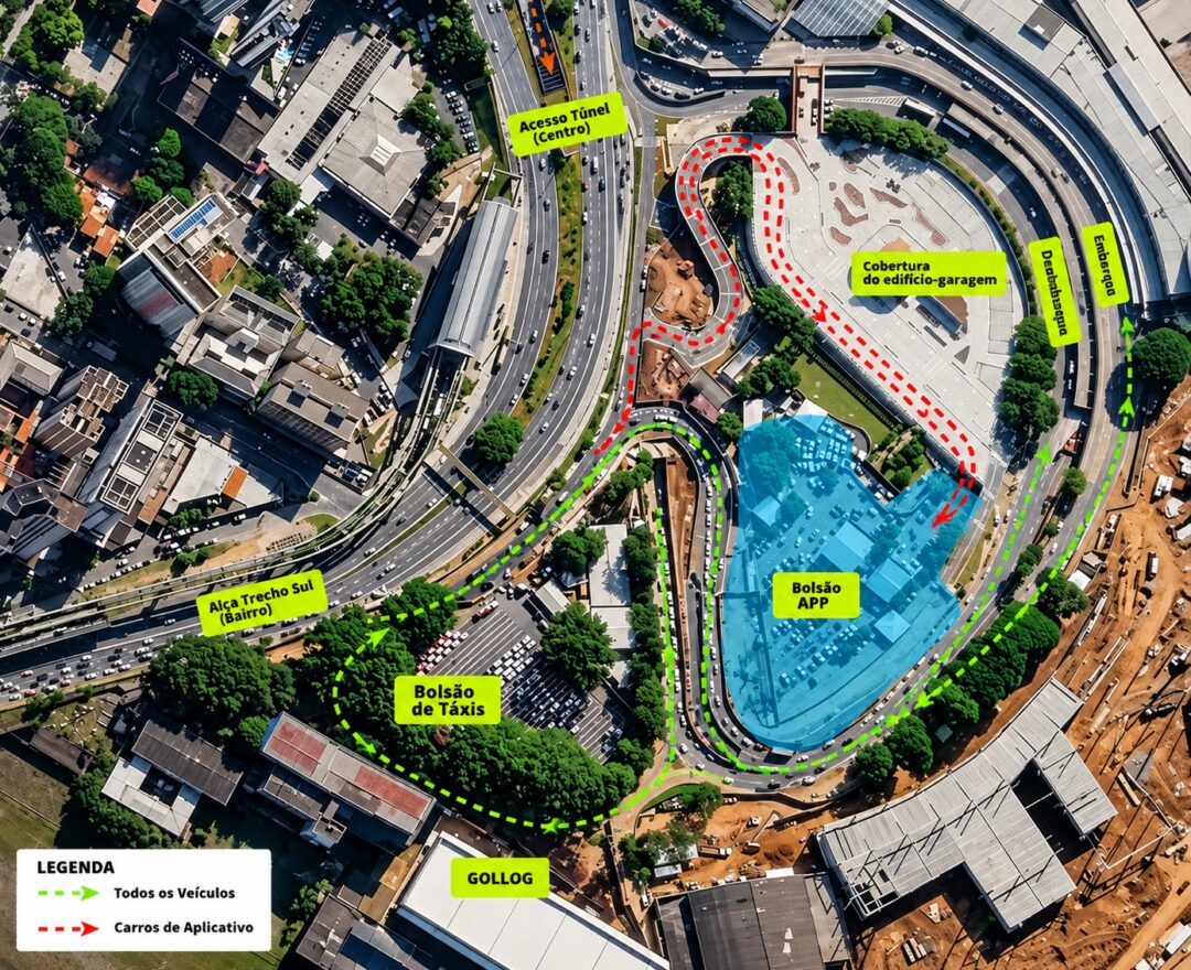 Novo-acesso-ao-Aeroporto-de-Congonhas-em-mapa-aereo-com-rotas-sinalizadas-para-taxis-carros-de-aplicativo-embarque-desembarque-e-estacionamento